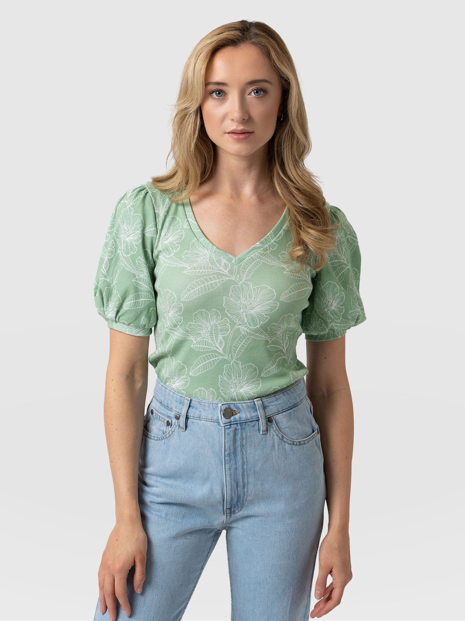 Cavendish V Neck Tee Green Stencil Floral - Women's T-Shirts | Saint + Sofia® UK